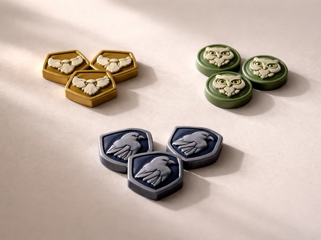 Tabletop tokens shaped like eagle, owl, and raven emblems under natural light.
