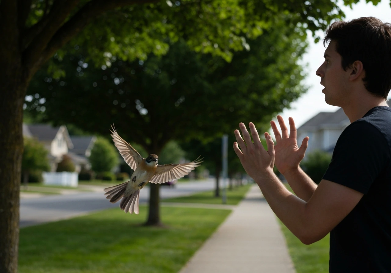 A bird swoops toward a person in a tense outdoor moment, no injury visible