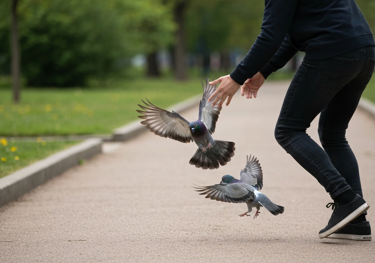 A pigeon swoops and pecks toward an anonymous person on a quiet park path, conveying “bird attack” behavior.