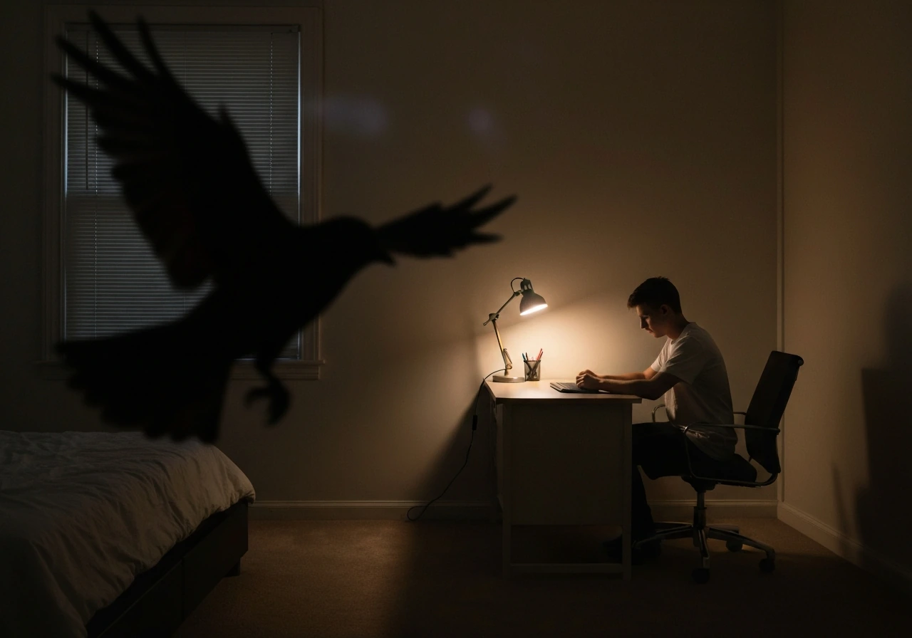 In a dark night room, a shadowy bird silhouette swoops toward a lone figure near a desk with a glowing lamp.