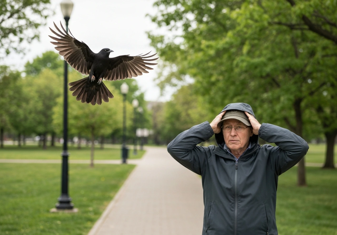 Person calmly backing away outdoors, shielding their face as a bird swoops overhead