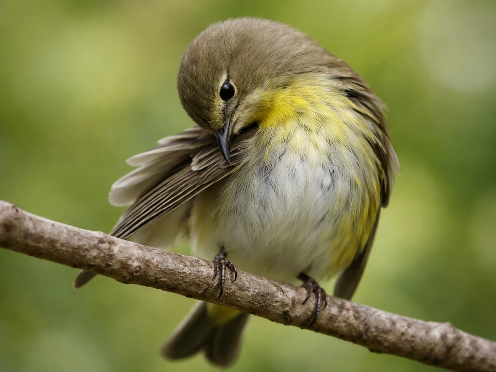 Close-up of a small songbird preening with beak touching feathers in soft natural light.