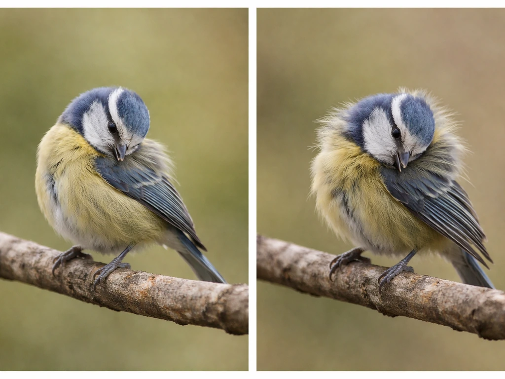 Two side-by-side bird photos: one calmly preening, one fluffed and frantic-looking preening.