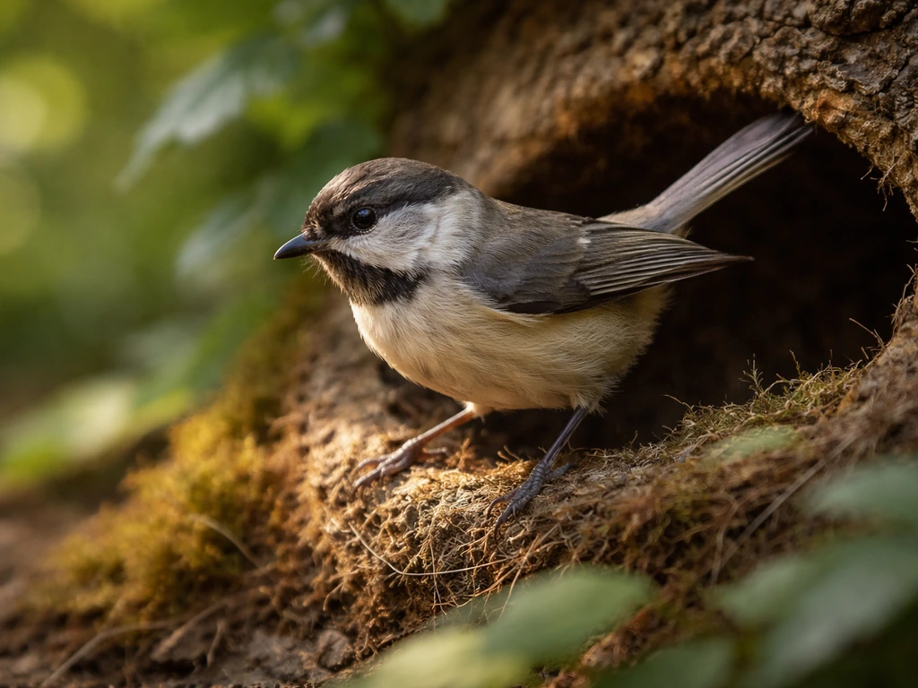 Small bird perched at a nest entrance with tail up in an alert nesting-season posture.