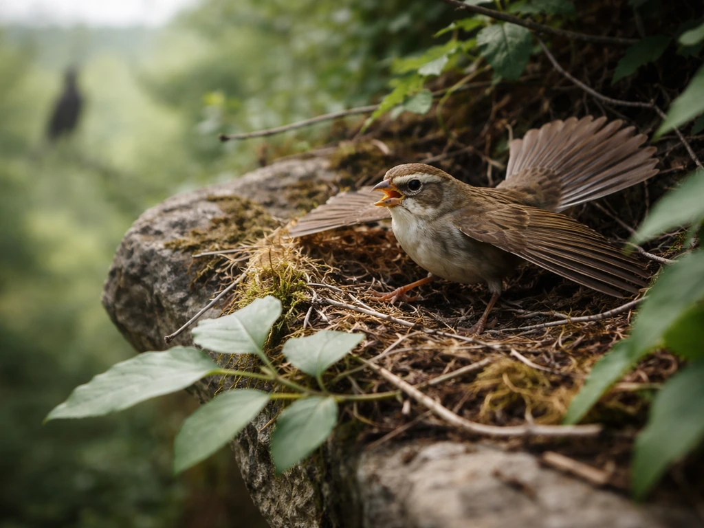 A small bird in alert display near its nest, with a distant threat silhouette in the background