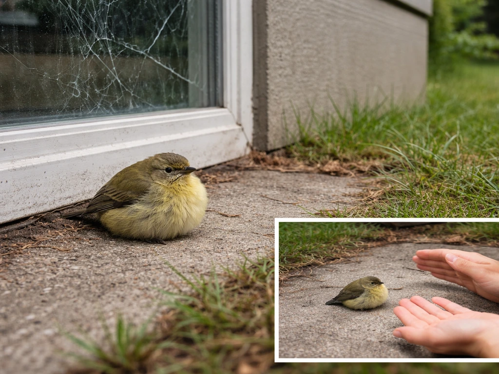 Fluffed bird stunned near a window with visible shattered glass context; guidance-style inset shows keeping distance.