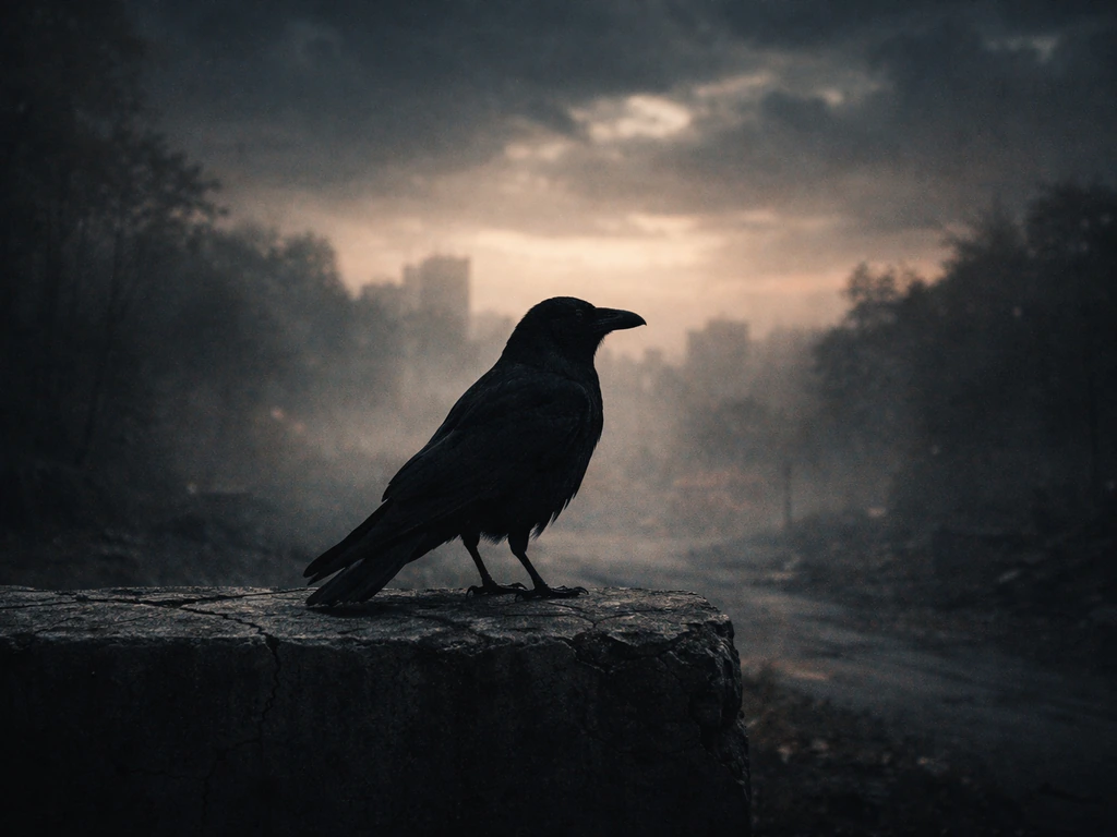 Black bird silhouette over a gritty dusk landscape with faint layered cinematic backdrops.