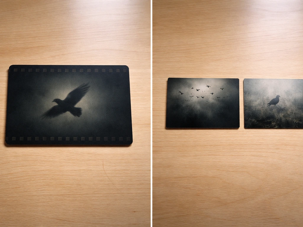Minimal photo of a wooden table with three side-by-side film reference thumbnails about bird movies.
