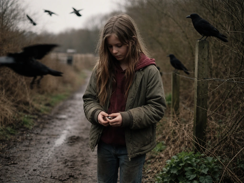 Bailey outdoors in Kent near crows, moody overcast light, gritty atmosphere with a simple rural backdrop.