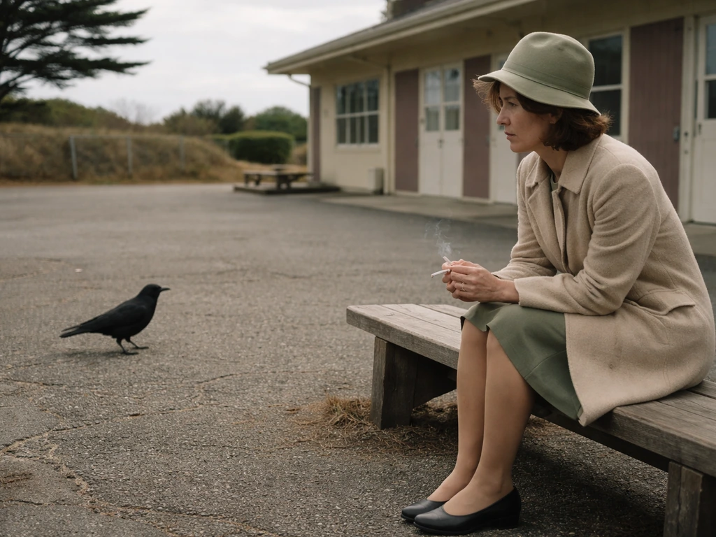 Woman on a schoolyard bench outside a coastal schoolyard, staring warily at a crow nearby.