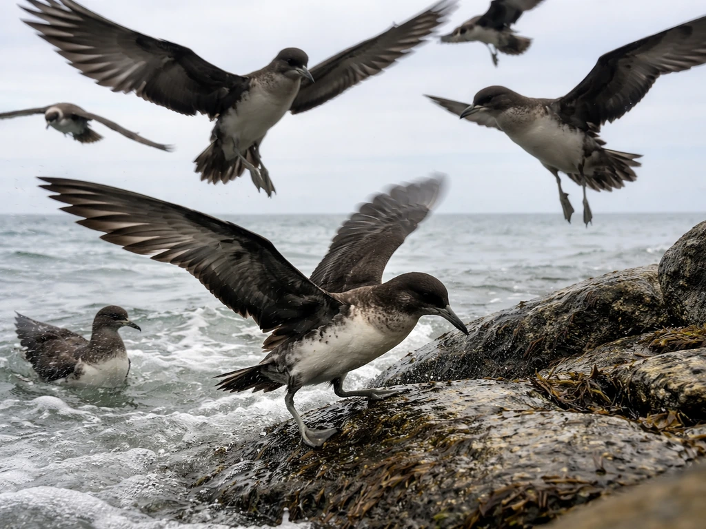 Sooty shearwaters over a rocky shoreline, one bird fluttering low as others circle close.