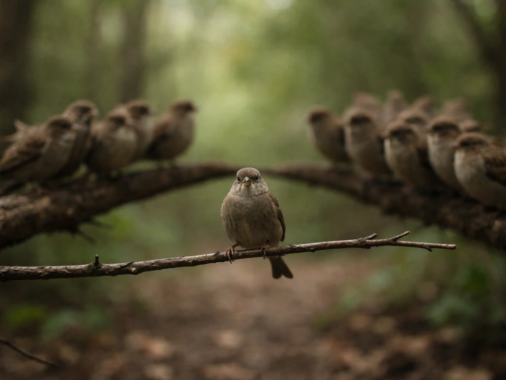 Minimal photo of a small bird outside a disturbed flock, suggesting rejection by unusual behavior.