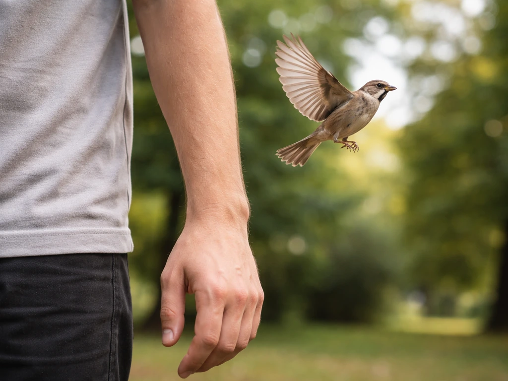 Calm person stays still as a small bird launches from their sleeve and flies away
