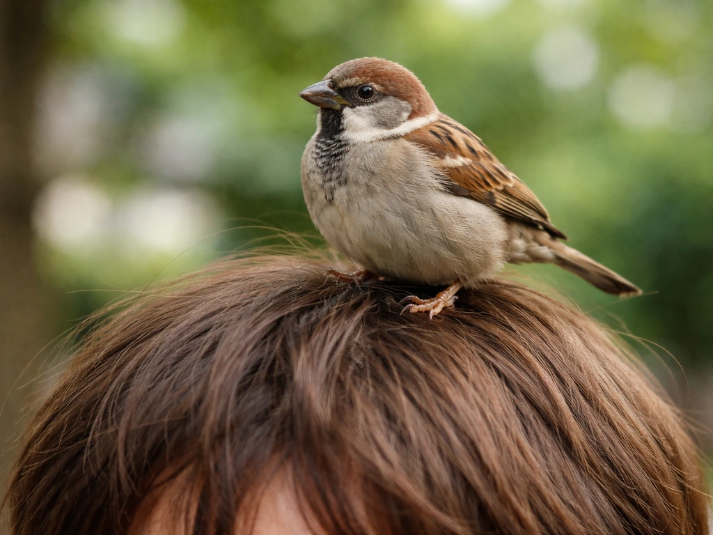 A small sparrow perched gently on the top of a person’s head outdoors