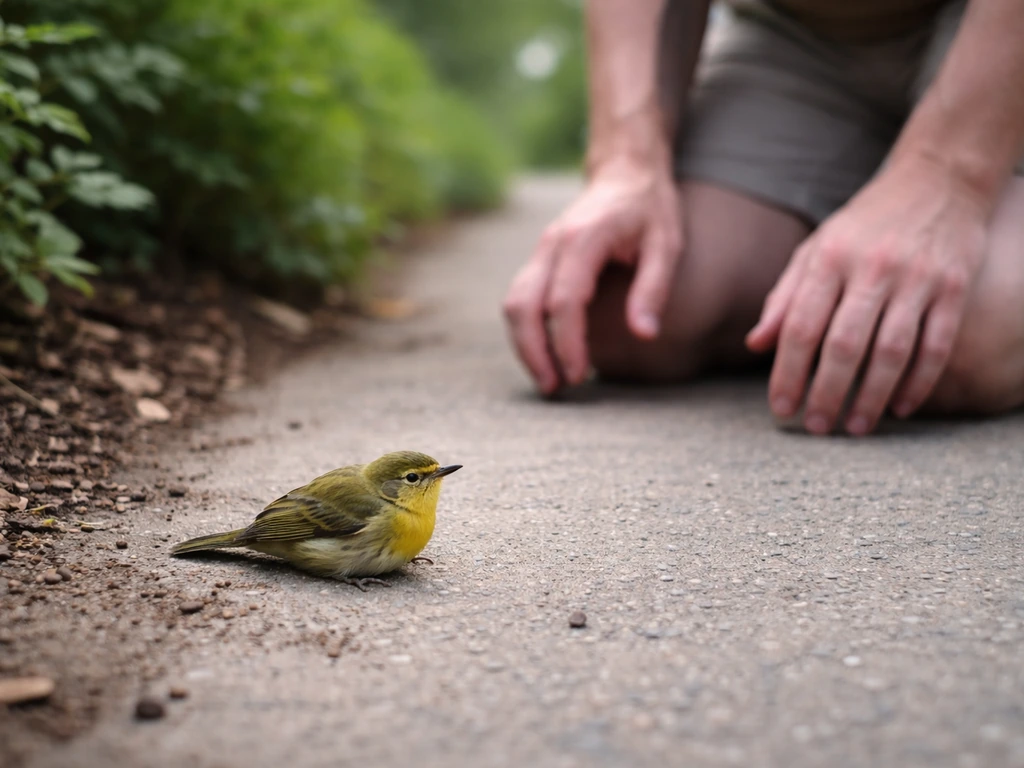 Disoriented small wild bird on the ground near a person, emphasizing unusual, concerning behavior.
