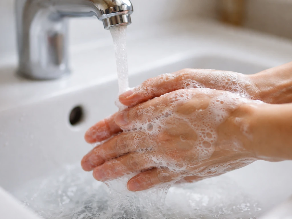Hands washing under running water with soap bubbles, showing thorough hygiene