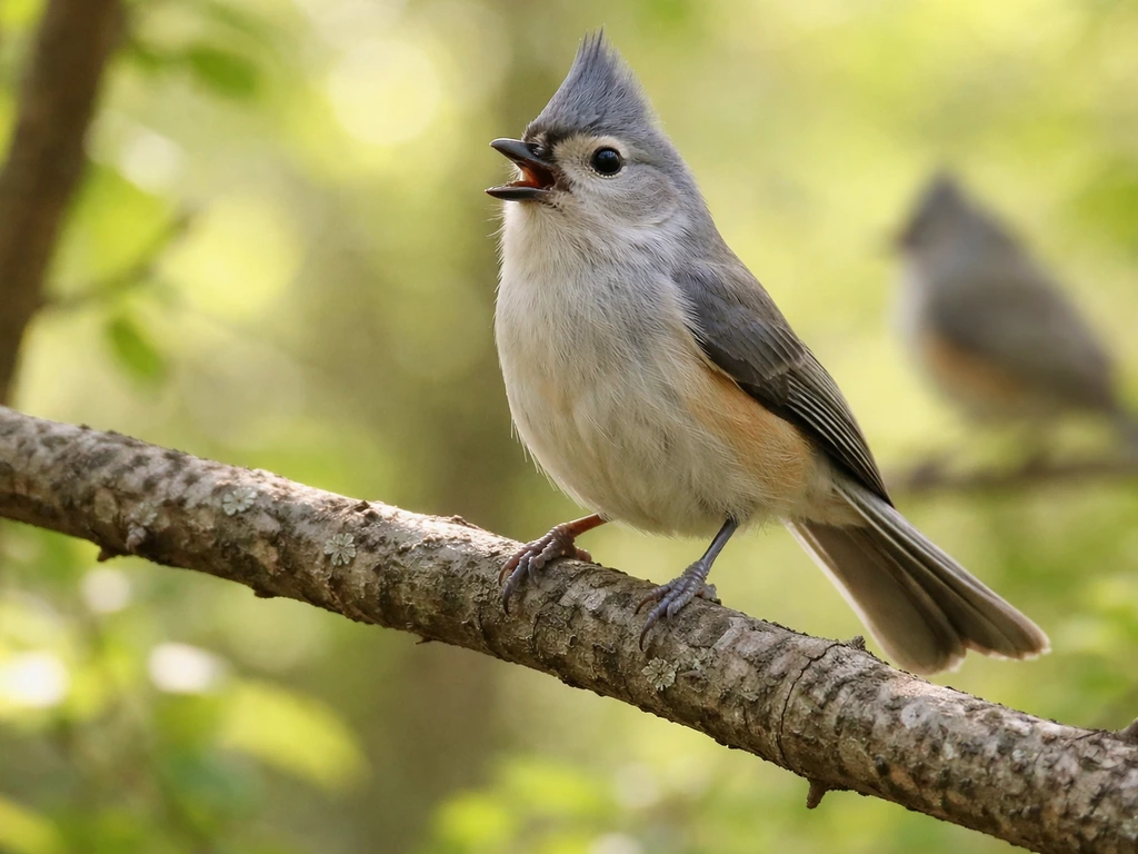 A small male songbird calling with head raised and crest flared near a mate on a branch