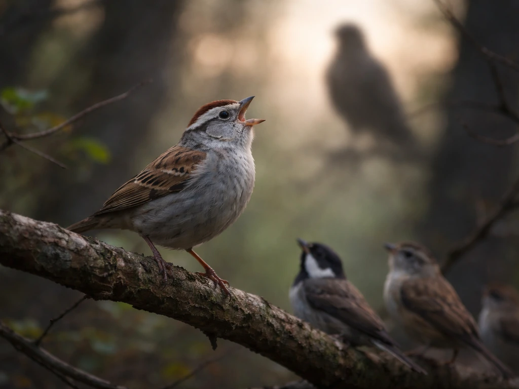A small bird sounds an alarm from a branch as nearby birds look up, with a raptor silhouette behind.
