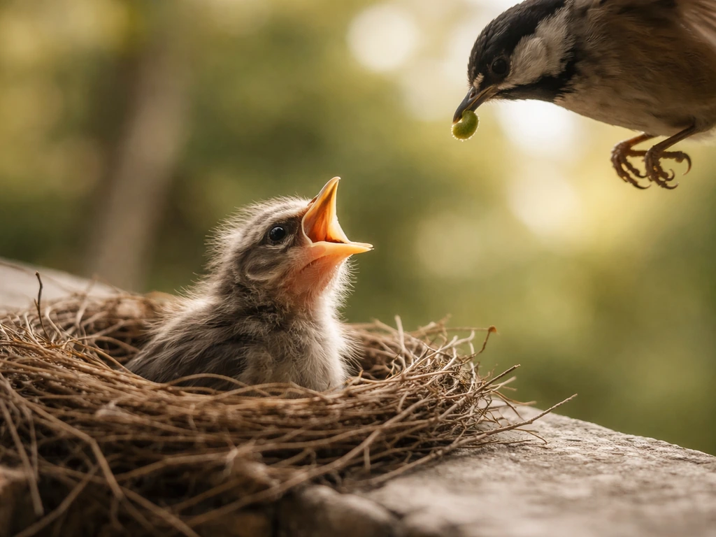 A young baby bird in a nest gapes loudly as an adult bird approaches with food