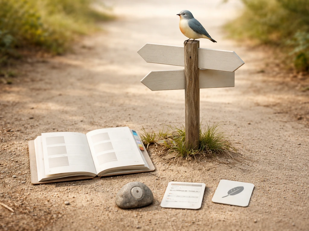 Stylized bird perched above a signpost and a classroom catalog, suggesting different meanings of “bird course.”