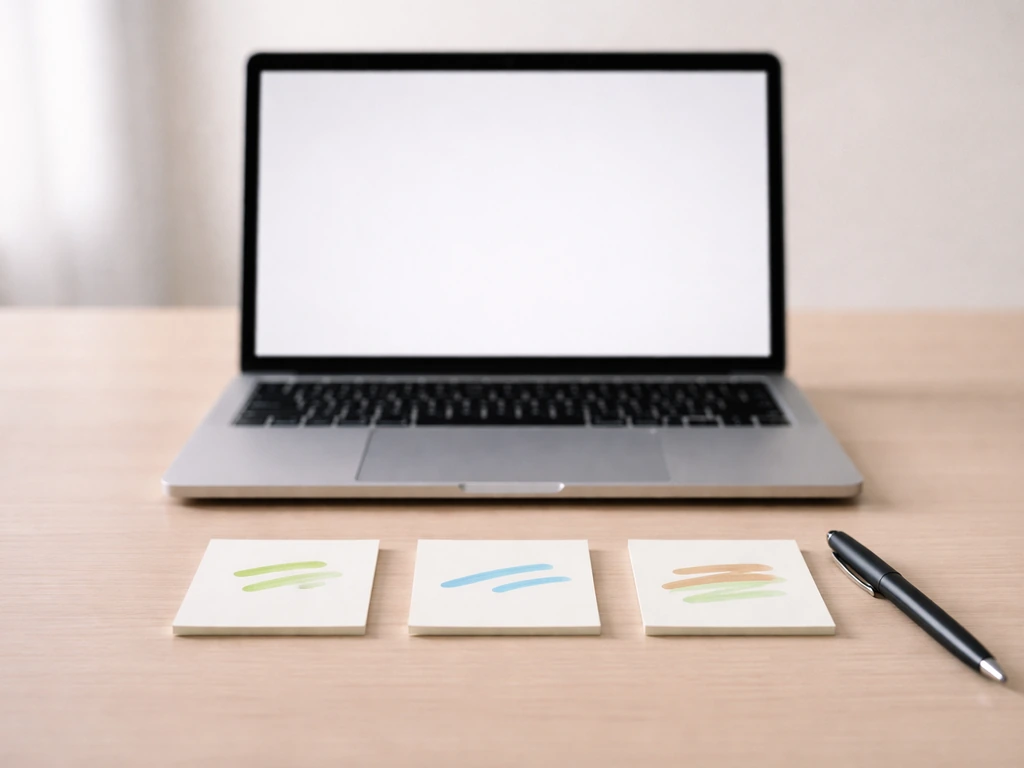 Minimal desk scene with three sticky notes labeled conceptually: easy class, route/path, and bird-related class context.