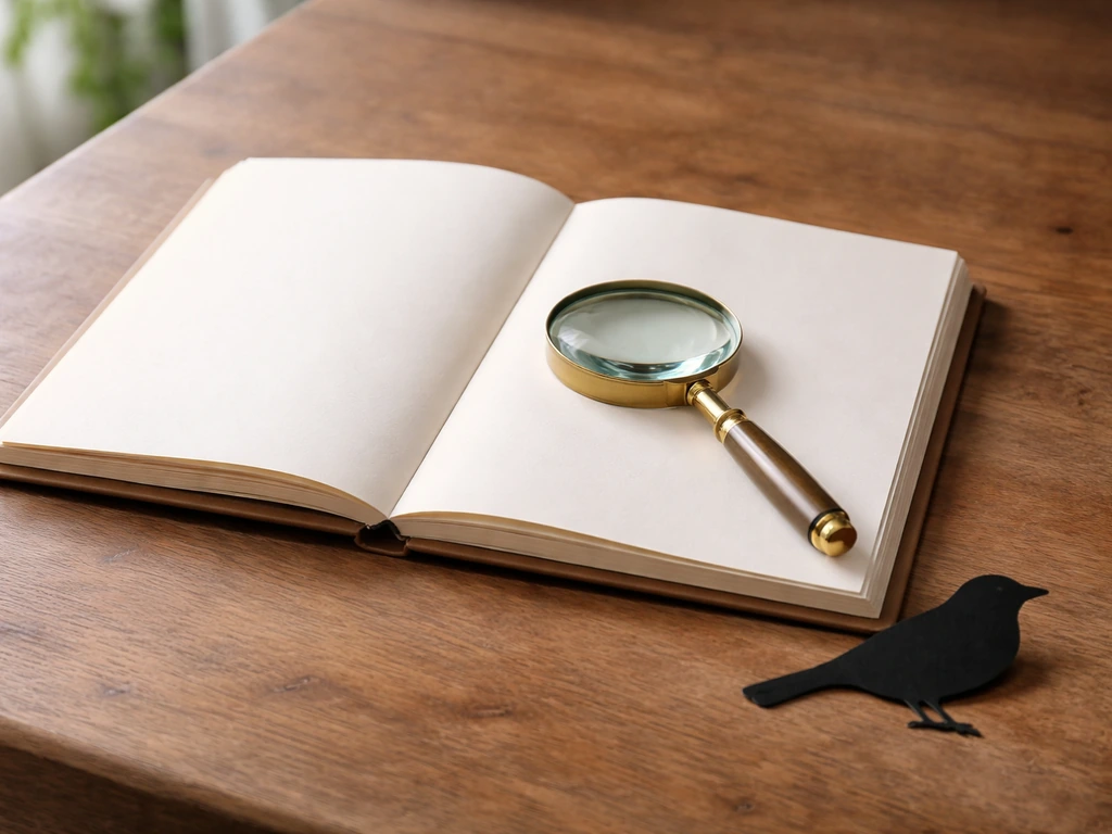 Field-guide notebook and magnifying glass beside a small bird silhouette, suggesting decoding bird craw meaning context.