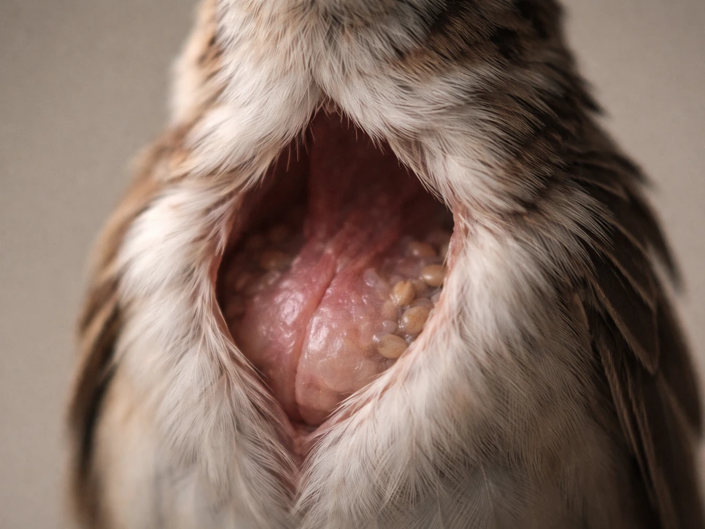 Close-up of a bird’s lower throat showing the pouch-like crop region in natural tones.