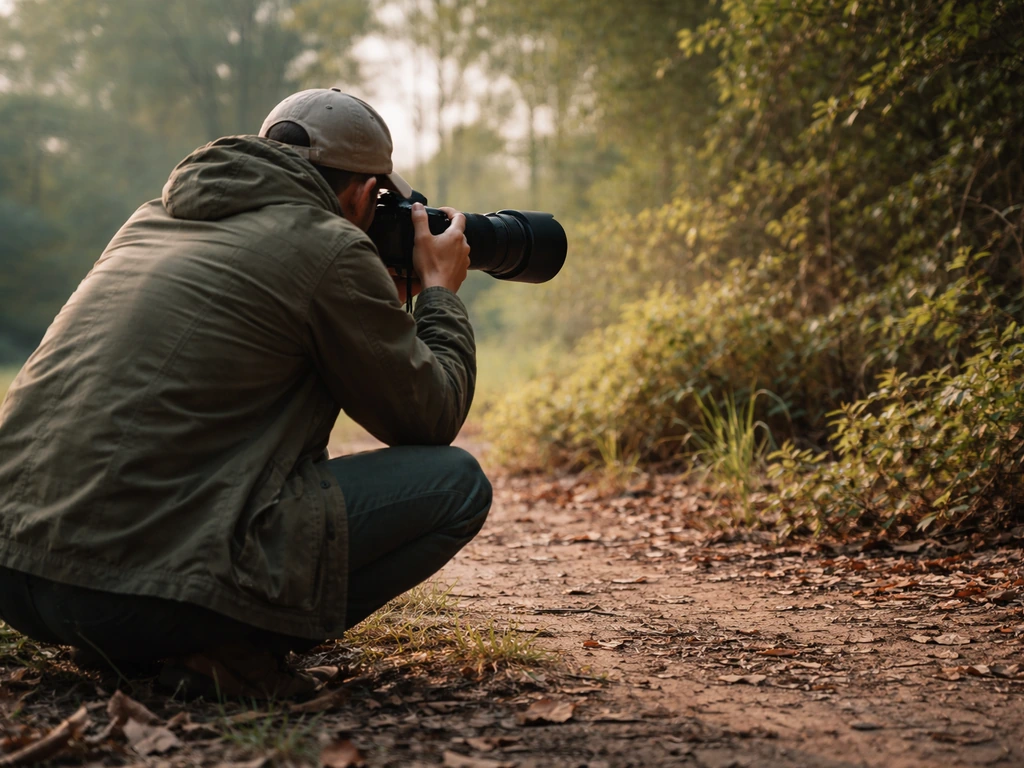 Low-angle view of a wildlife photographer kneeling outdoors, camera aimed at birds in the brush.