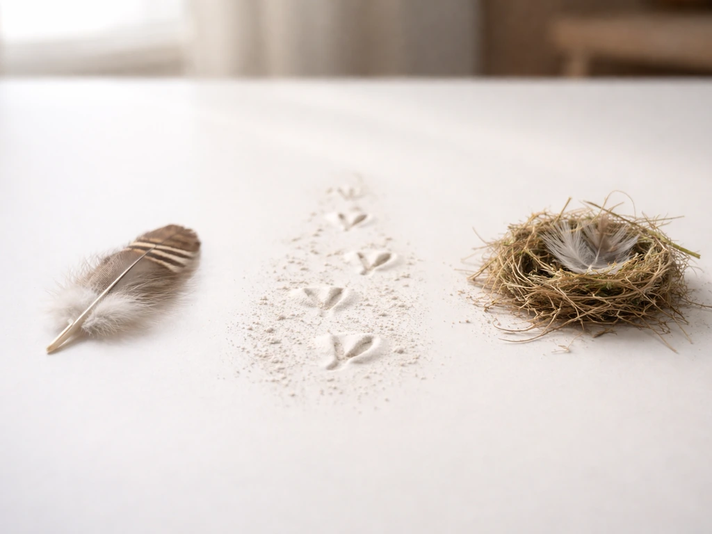 Minimal tabletop scene with three side-by-side bird-related cues: feather close-up, footprints, and nesting material.