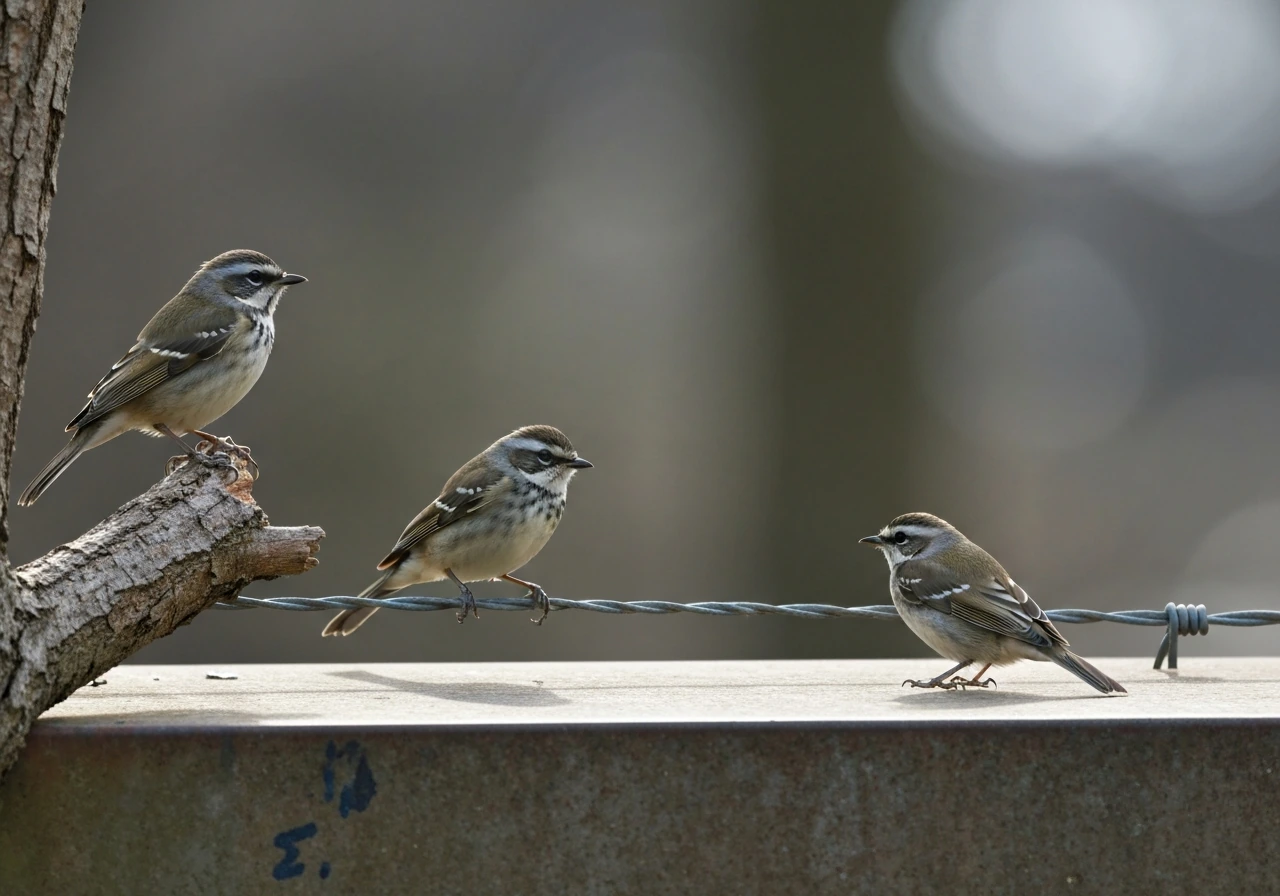 Close-up of multiple birds perched on a branch, fence wire, and ledge in natural light