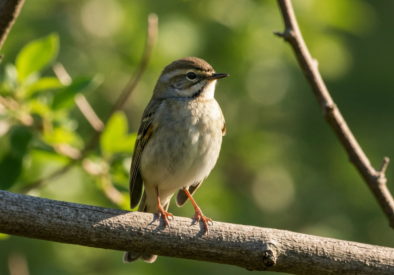 A small songbird perched upright on a wooden branch with soft green background bokeh.