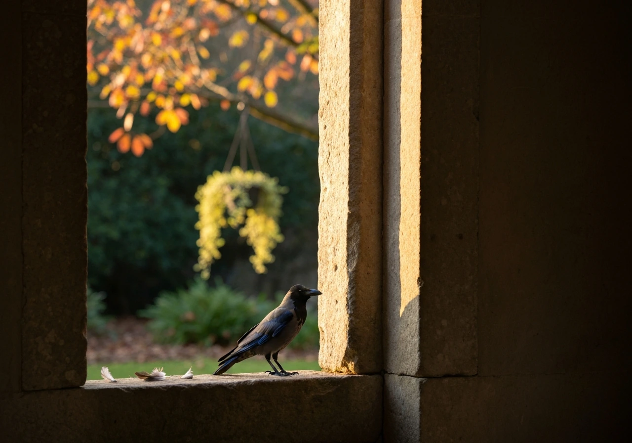 A dark crow perched on a stone doorstep in warm afternoon light, calm garden atmosphere.