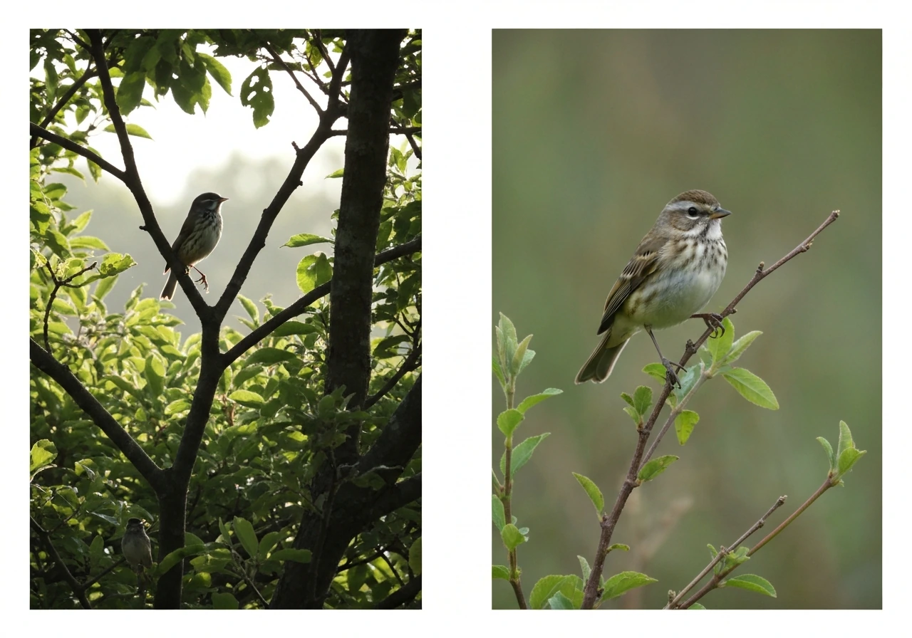 Two small birds perched at different heights—one high in a tree canopy, one on a low shrub branch.