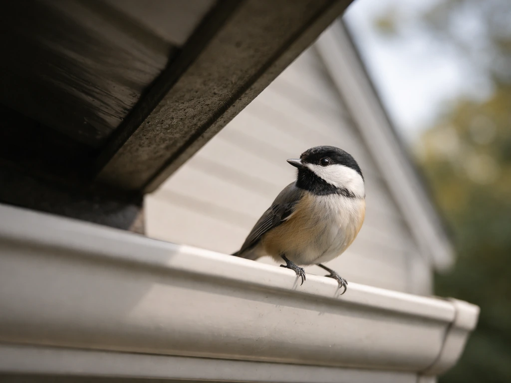 A small bird perched on a house gutter, calmly scanning surroundings in natural light.