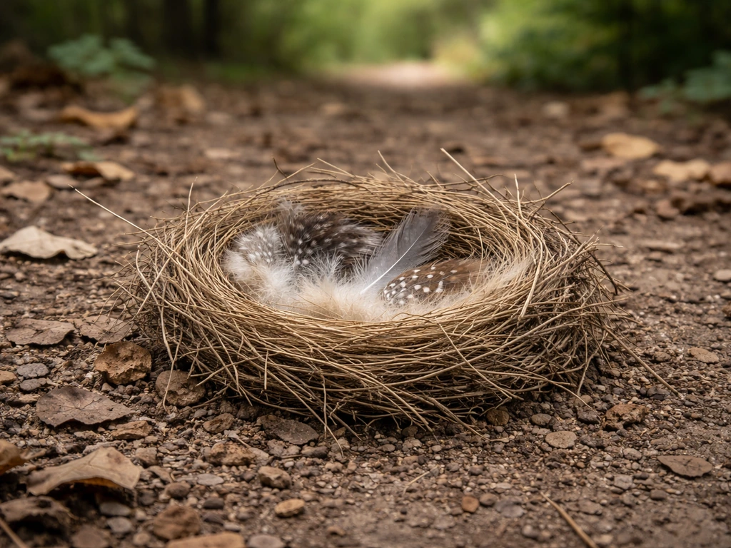 Natural bird nest on the ground in leaf litter with nearby trees softly blurred in the background.