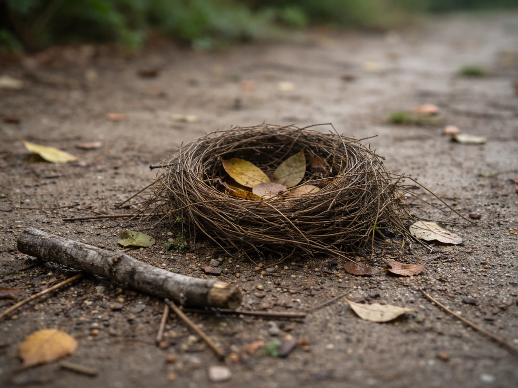 Bird nest on the ground with fallen leaves and a snapped branch after a storm.