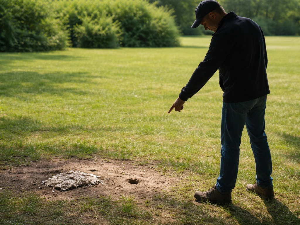 Adult silhouette pointing at a small ground nest entrance from a safe distance, with a nearby fallen patch.