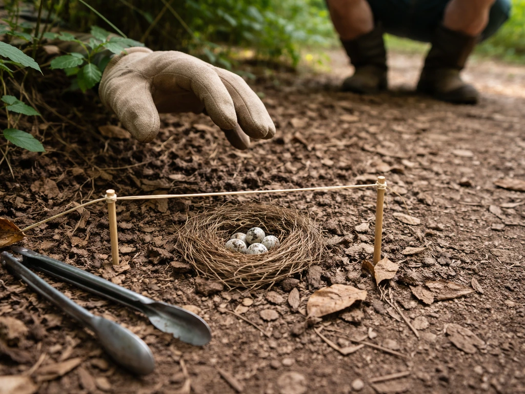 Gloved hand hovering near a bird nest on the ground, with a barrier and distant watch posture