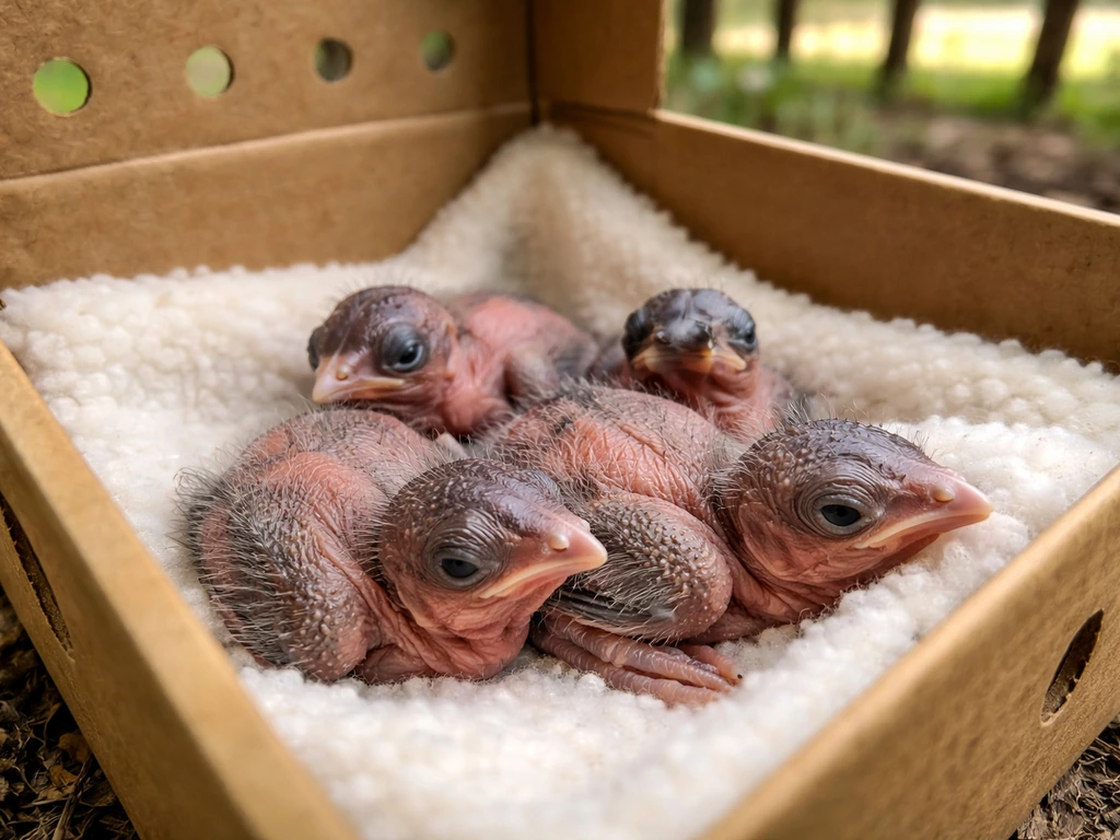 Very young featherless chicks resting safely in a lined wildlife transport box outdoors.