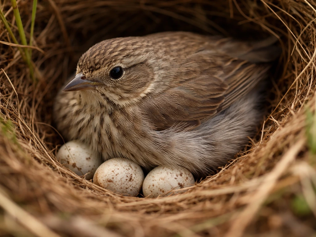 Small bird brooding in a low nest covering eggs, seen in close-up with natural light.