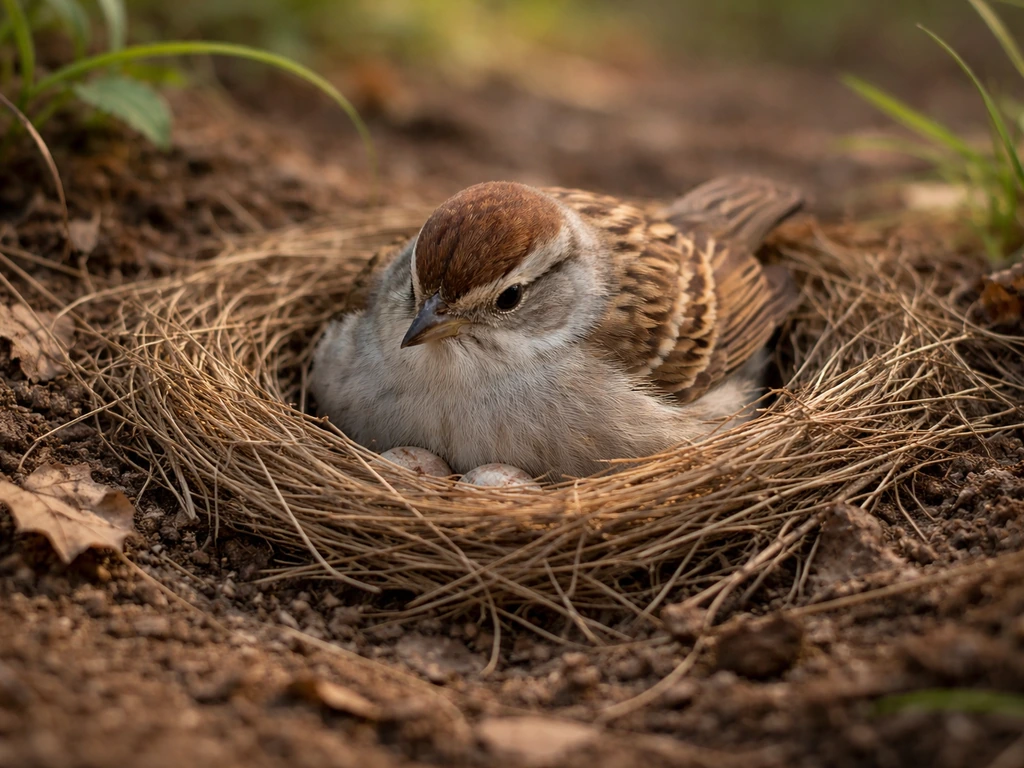 A small wild bird settled low on a nest, body pressed against the eggs, minimal movement.