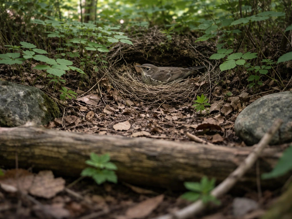 A small nest with an incubating bird visible, viewed from a natural distance behind a fallen log.
