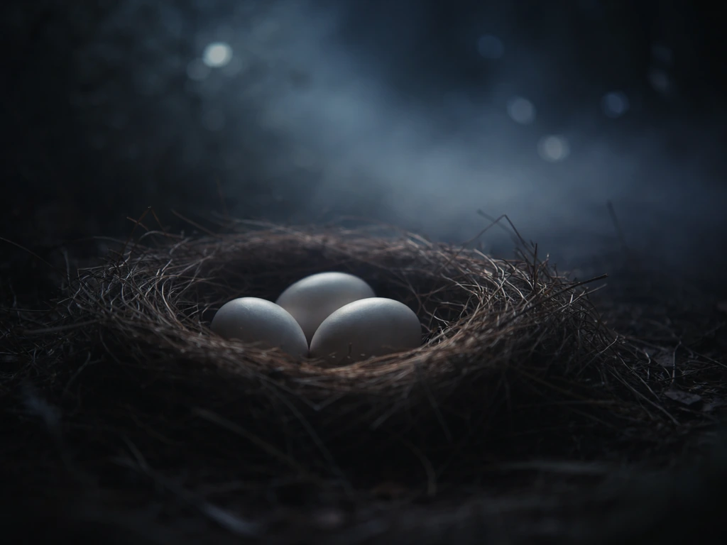 Moonlit nest with a few glowing eggs in soft fog, bird absent, dreamy symbolic mood.