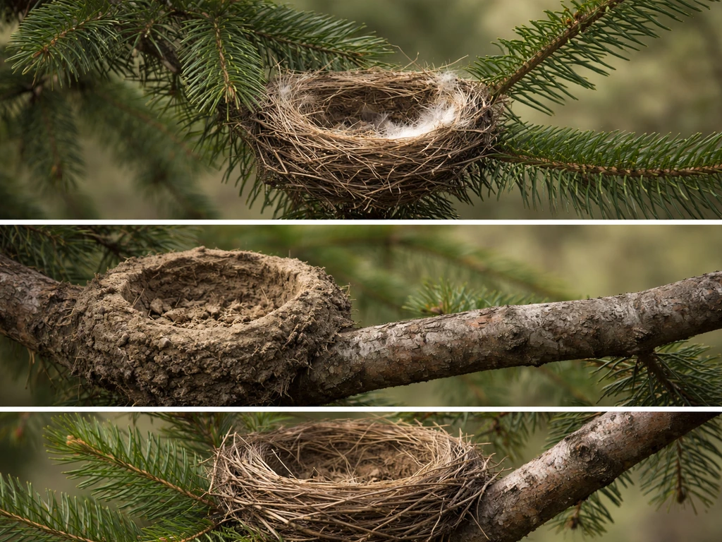 Close-up of three different bird nests on evergreen branches, showing mud cup and twig-lined nest materials.