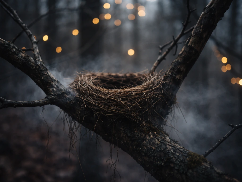 Warm fairy lights softly illuminate a bird’s nest in a tree branch with subtle winter mist.