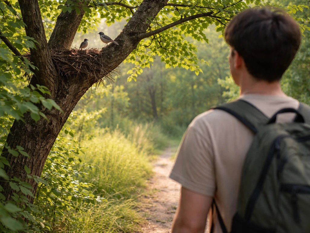 A bird nest in a tree with a person observing from a safe distance without disturbing it.