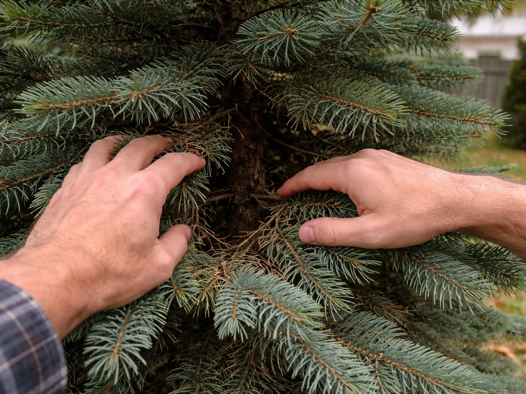 Homeowner inspecting cut conifer branches near the trunk for possible nests before fall decorating