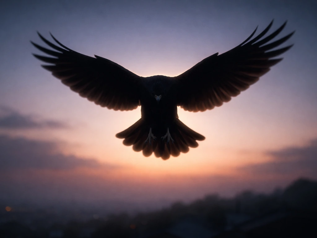 Silhouette of a bird attacking against a twilight sky with a calm, dreamlike atmosphere.
