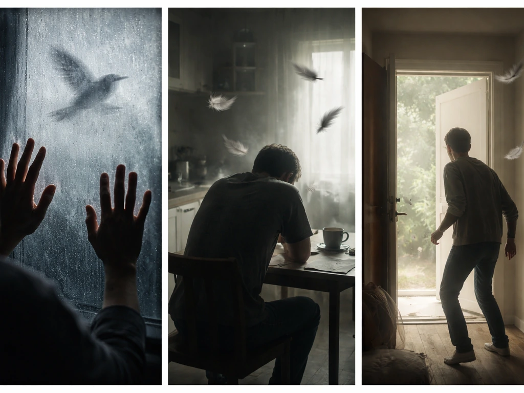 Triptych of three minimalist dream scenes: fear for safety, pressure from criticism, and sudden change anxiety.