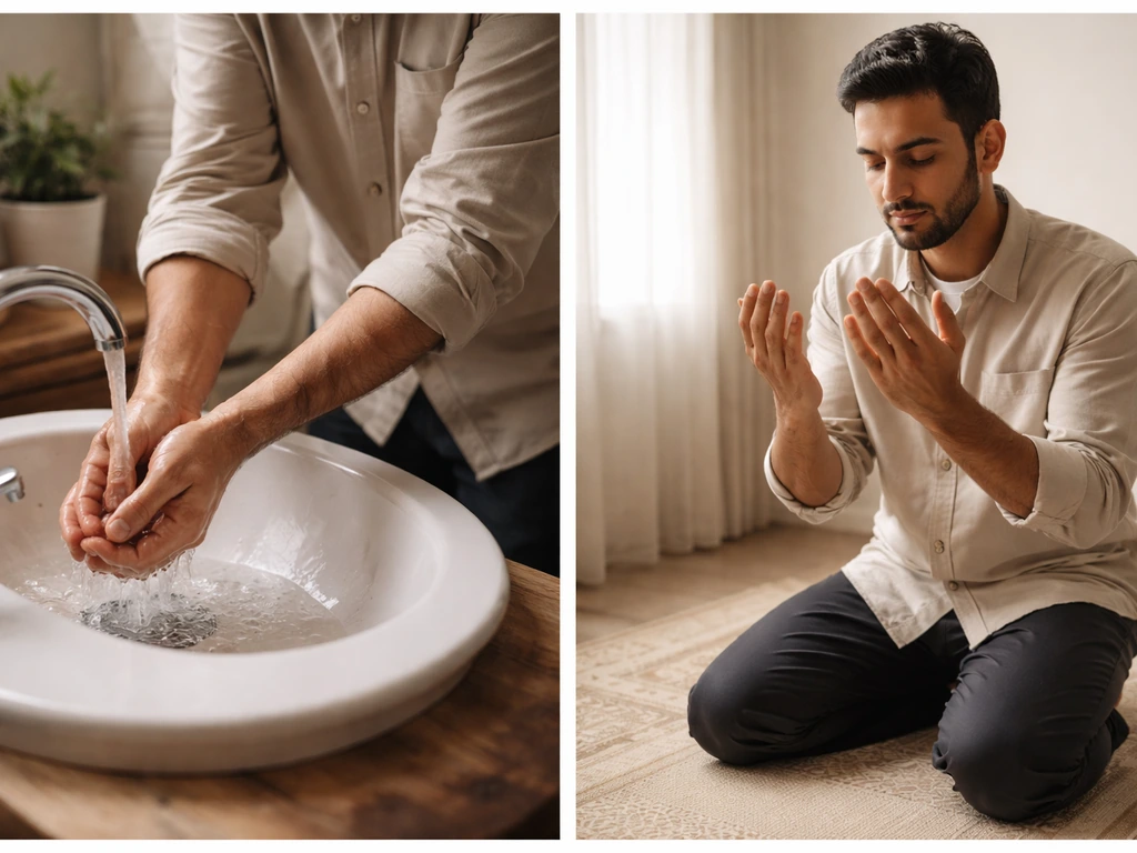 Anonymous adult washing hands in a quiet home, then raising hands in calm dua beside a prayer rug.
